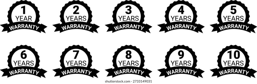 Comprehensive set of ten black circular warranty seals with ribbons, ranging from 1 to 10 years. Professional quality assurance badges for product packaging, e-commerce trust signals, and manufacturing guarantee certification.