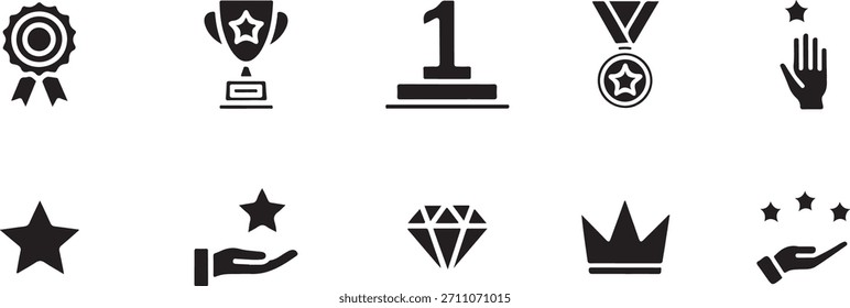 A comprehensive set of ten black silhouette icons representing various concepts of success, achievement, quality, and winning, perfect for web or print design projects.