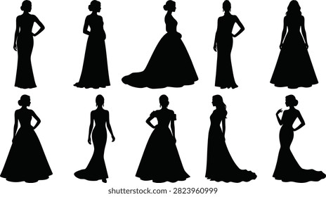 A comprehensive set of ten black vector silhouettes showcasing elegant women in various formal dresses and bridal gowns. This minimalist graphic collection is perfect for wedding invitations, fashion boutique branding, prom lookbooks, and beauty logos.