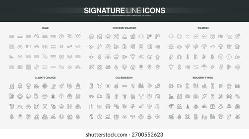 Umfassender Satz dünner Linien-Symbole, die Klimawandel, CO2-Emissionen, Industrietypen, Wellen, extremes Wetter und meteorologische Symbole abdecken, einzelne Vektorgrafik