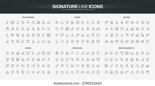 Comprehensive set of thin line icons covering relationships, expertise, meetings, career growth, core values, and employee benefits for business and HR concepts isolated vector illustration