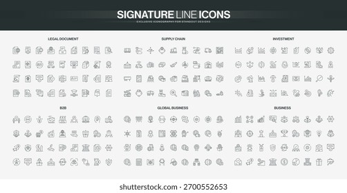 Comprehensive set of thin line icons covering legal documents, supply chain, investment, B2B, global business, and corporate themes for modern business solutions isolated vector illustration