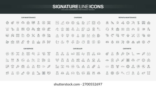 Conjunto completo de iconos de línea delgada que cubren mantenimiento de automóviles, carga, reparación, servicio, concesionario y temas de piezas para la industria automotriz y conceptos técnicos de Ilustración vectorial aislada
