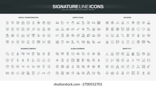 Conjunto completo de iconos de línea delgada que cubren la transformación digital, la cadena de suministro, la red, el negocio, el comercio global y los conceptos de tecnología de ciudades inteligentes Ilustración vectorial aislada
