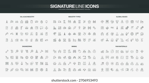 Conjunto completo de iconos de línea delgada que cubre la industria del gas de petróleo, ingeniería, minería, materias primas y problemas globales, ideal para temas técnicos e industriales Ilustración vectorial aislada