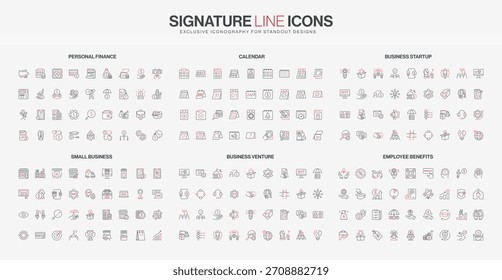 Conjunto completo de iconos de línea delgada que cubren finanzas personales, calendario, inicio de negocios, negocios Pequeños, empresas y temas de beneficios para empleados Ilustración vectorial aislada