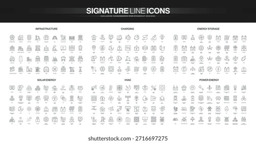 Comprehensive set of thin line icons covering infrastructure, charging, energy storage, solar energy, HVAC, and power energy concepts isolated vector illustration
