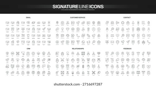 Conjunto completo de iconos de línea delgada para correo electrónico, Servicio al cliente, contacto, CRM, relaciones y temas de Comentarios, que cubre la comunicación digital y la interacción comercial Ilustración vectorial aislada