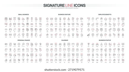 Conjunto completo de iconos de línea delgada que cubren negocios Pequeños, empresas, beneficios para empleados, finanzas personales, calendarios y conceptos de inicio Ilustración vectorial aislada