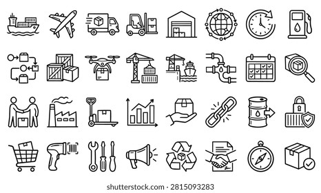 A comprehensive set of thin line icons representing logistics, supply chain management, transportation, and industrial storage processes.