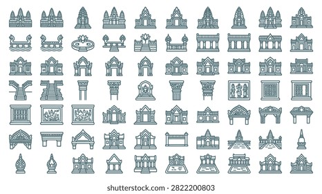 Comprehensive set of thin line icons depicting Khmer architectural elements, Angkor Wat temple structures, Cambodian heritage symbols, pagodas, gopuras, and traditional Southeast Asian stone carvings.