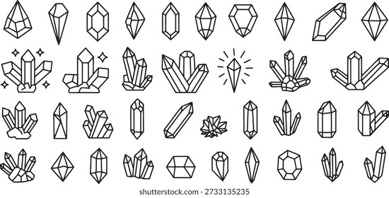 Comprehensive set of thirty stylized line drawings showcasing numerous crystal clusters single shards elongated prisms and faceted gemstones perfect for magic theme spiritual design geology education or mystical decoration element.