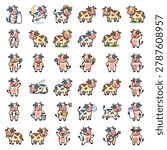 A comprehensive set of thirty-six adorable bovine icons in a charming flat cartoon style. These high-quality vector illustrations feature cows in various activities including holding milk bottles, playing a banjo, sleeping, and jumping over the moon. Ideal for dairy farm branding, children