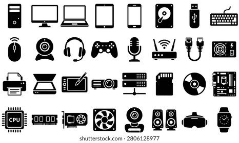 Comprehensive set of thirty-two black computer hardware and peripheral device icons including laptop, monitor, CPU, server, printer, keyboard, and gaming equipment on a white background.
