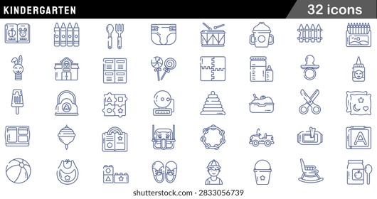 Comprehensive set of thirty-two modern line style icons representing kindergarten, nursery school, and early childhood care items. The collection displays clean blue vector symbols neatly organized on a white background, featuring various essential educational tools, play equipment, and infant accessories. Items include an picture storybook, crayons, baby spoon and fork, diaper, toy drum with sticks, sippy cup, wooden fence, box of colored pencils, rabbit hand puppet, school building facade, locker cubbies, sweet lollipops, foam puzzle floor mat, baby formula jar with bottle, dummy pacifier, glue bottle, popsicle ice cream, bag, shape sorter block game, school bell, stacking pyramid rings, sandbox, safety scissors, soft pillow set, meal tray, spinning top, workbook, playground swing, tambourine instrument, ride-on toy car, wet wipes dispenser, drawing board with letter A, inflatable beach ball, baby bib, building blocks, small shoes, young boy student avatar, sand bucket, rocking chair, and baby food jar with spoon. The minimal outline aesthetic is ideal for preschool applications, pediatric marketing materials, educational websites, daycare mobile apps, parental guidebooks, user interfaces, infographics, and printable lesson plans.