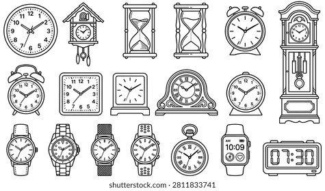 Comprehensive set of timekeeping instruments featuring alarm clocks, wristwatches, hourglass, grandfather clock, and digital display graphics.