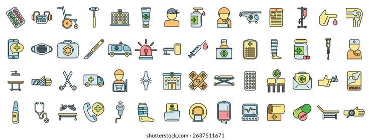 Comprehensive set of traumatology icons representing prevention, diagnosis, treatment, and rehabilitation of physical injuries