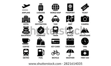 Comprehensive set of travel icons including airplane luggage world map passport ticket hotel destination taxi map camera backpack compass train beach mountains coffee shopping key card calendar time metro fuel bicycle weather and first aid.