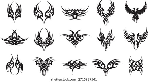 A comprehensive set of tribal wing designs and bird-inspired silhouettes for logos, tattoos, and branding.