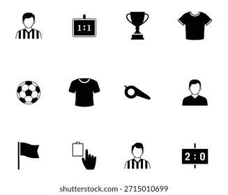 Um conjunto abrangente de doze ícones de silhueta preta representando vários elementos de futebol e arbitragem, incluindo um troféu, bola, uniforme, apito e placar.