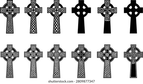 A comprehensive set of twelve Celtic cross designs featuring both solid silhouettes and intricate knotwork patterns. These icons are ideal for religious graphics, cultural heritage branding, tattoo references, and memorial illustrations.
