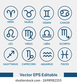 A comprehensive set of twelve circular icons, each representing a zodiac sign with its corresponding name, ideal for astrological and horoscope-related content.
