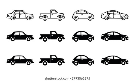 A comprehensive set of twelve vehicle icons featuring side profiles of various cars and trucks, presented in both clean outline and solid black filled styles