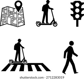 A comprehensive set of urban mobility icons including navigation, e-scooter, traffic, and pedestrian. Simple and versatile.