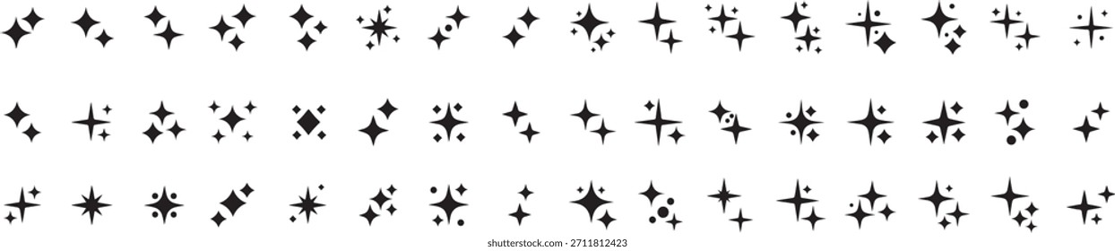 Un conjunto completo de varios iconos de brillo negro, estrella, brillo y brillo que se muestran en filas. Estos Elementos gráficos cuentan con diferentes estilos, tamaños y Orientaciones, perfectos para agregar puntos destacados 