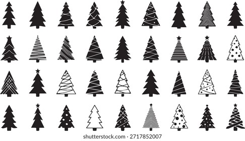 A comprehensive set of various Christmas tree silhouettes, featuring different styles and patterns, ideal for festive graphic design and holiday projects.