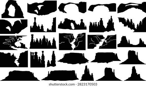 A comprehensive set of various desert landscape silhouettes including canyon paths, rocky arches, and flat-topped mesas. These high-contrast graphic elements are perfect for adventure-themed designs, logos, and travel posters.

