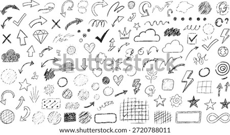 A comprehensive set of various hand-drawn doodle elements including arrows, hearts, stars, clouds, checkmarks, and other abstract shapes, perfect for design projects.