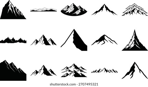 A comprehensive set of various mountain peak and range silhouettes in black, ideal for outdoor, adventure, and travel branding or design projects.