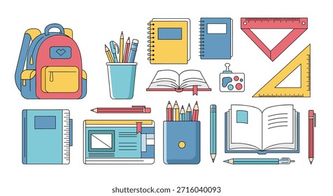 Conjunto completo de diversos útiles escolares, incluyendo una mochila de colores, cuadernos, lápices, bolígrafos y herramientas de dibujo para temas de regreso a la escuela.