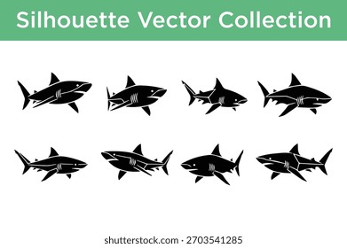 A comprehensive set of various shark silhouettes in vector format, ideal for marine life illustrations, logos, and educational materials.
