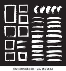 A comprehensive set of various white brush strokes and square frames on a black background.