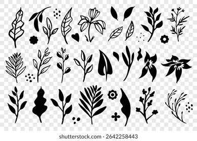 A comprehensive set of vector floral and leaf silhouettes perfect for creative projects, designs, and art. Suitable for various themes and applications, this collection offers diverse nature-inspired 