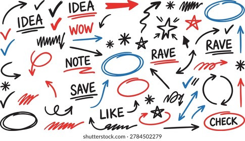 A comprehensive set of vector hand-drawn doodles, perfect for presentations, microstock designs, infographics, and bullet journals. This collection features a variety of sketchy arrows, checkmarks, stars, abstract scribbles, frames, and hand-written emphasis words like 