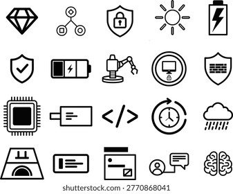 Comprehensive set of vector icons, both line and solid, covering various aspects of data security and information technology.