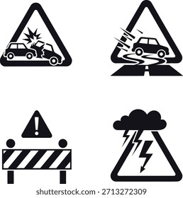 A comprehensive set of vector icons depicting various road hazards, warnings, and general safety alerts. Great for UX.