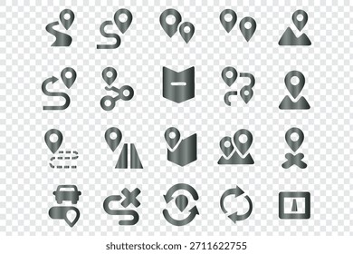 A comprehensive set of vector icons for maps, navigation, location, routes, and travel