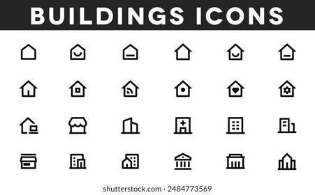 Ein umfangreicher Satz von Vektorsymbolen, die verschiedene Elemente und Wohngebäude darstellen, einschließlich Häuser, Hotels, Schulen und Krankenhäuser, ideal für Stadtplanungs-Illustrationen und Immobilienanwendungen