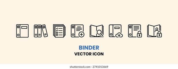 A comprehensive set of vector icons representing binders, documents, file management, and data organization. Ideal for business, office, and digital storage concepts.