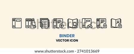 A comprehensive set of vector icons representing binders, documents, file management, and data organization. Ideal for business, office, and digital storage concepts.