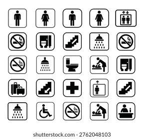 A comprehensive set of vector illustrations featuring essential safety and directional icons. This collection includes signs for restrooms, elevators, stairs, no smoking, medical assistance, and more, ideal for public buildings and facilities.