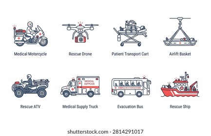 A comprehensive set of vector outline icons featuring emergency rescue vehicles, medical transportation, and evacuation equipment. This collection includes a medical motorcycle, rescue drone, patient transport cart, airlift basket, rescue ATV, medical supply truck, evacuation bus, and rescue ship. Perfect for disaster relief, healthcare, first responder graphics, and emergency services design projects