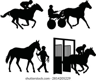 A comprehensive set of vector silhouettes illustrating various horse racing activities such as equestrian competition, harness racing with a sulky, and a jockey exiting a starting gate. This versatile graphic kit is ideal for sporting event promotion, betting website layouts, and racecourse branding.