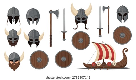 Comprehensive set of Viking warrior icons including various helmets, sharp axes, swords, round shields, and a wooden longship boat.