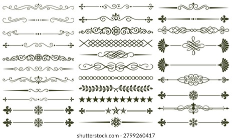 Comprehensive set of vintage decorative dividers featuring swirls flourishes snowflakes stars and leafy patterns for classic document design layout.