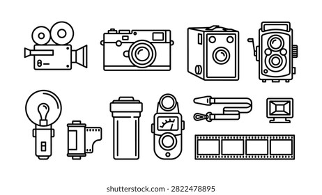 A comprehensive set of vintage photography and videography equipment icons illustrating classic film cameras light meters film rolls and essential accessories perfect for retro media projects and historical visual storytelling representing nostalgic imaging tools